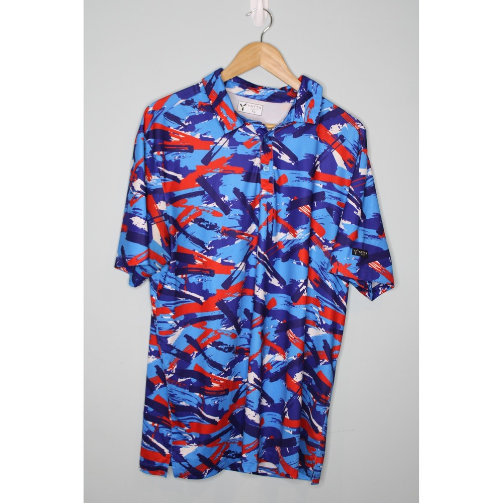 Yatta Golf Mens XL Performance Polo‎ Shirt Abstract Blue Red Brushstroke Pattern